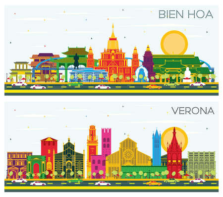 Verona Italy and Bien Hoa Vietnam City Skyline Set with Color Buildings and Blue Sky. Business Travel and Tourism Concept with Historic Architecture.の写真素材