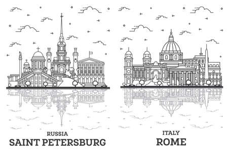 Outline Rome Italy and Saint Petersburg Russia City Skyline Set with Historic Buildings and Reflections Isolated on White. Cityscape with Landmarks.の写真素材