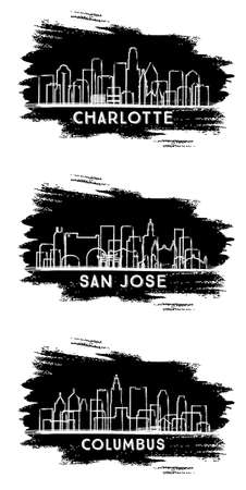 San Jose California, Columbus Ohio and Charlotte North Carolina USA City Skyline Silhouette Set. Hand Drawn Sketch.の写真素材
