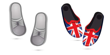 Pair of Parent's Home and Pair of Fashion Slippers with UK Flag Isolated on White. Dad's Shoe.の写真素材