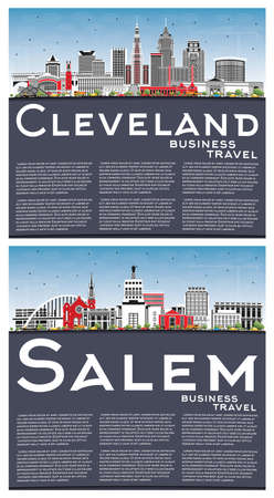 Salem Oregon and Cleveland Ohio City Skyline Set with Color Buildings, Blue Sky and Copy Space. USA Cityscape with Landmarks. Business Travel and Tourism Concept with Modern Architecture.の写真素材