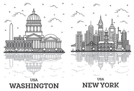 Outline New York and Washington DC USA City Skyline Set with Modern Buildings and Reflections Isolated on White. Cityscape with Landmarks.の写真素材