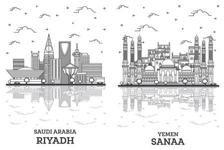 Outline Sanaa Yemen and Riyadh Saudi Arabia City Skyline Set with Modern Buildings Isolated on White. Cityscape with Landmarks and Reflections.の写真素材