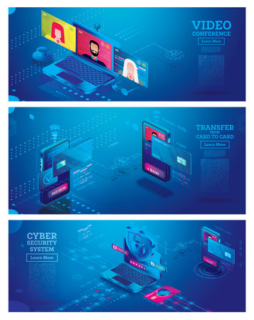 Working From Home. Group Videoconference On Laptop. Online Meeting. Isometric Concept with Notebook. Cyber Security Concept. Lock Symbol. Mobile Money Transfer. Online Money Transfer from Card to Card.の写真素材