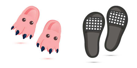 Pair of Home Children's Slippers and Black Beach Isolated on White. Slippers Icons. Cute Slippers in the Form of a Dinosaur with Eyes. Home Shoes.の写真素材