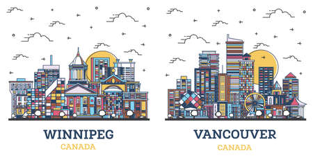 Outline Vancouver and Winnipeg Canada City Skyline Set with Colored Historic Buildings Isolated on White. Cityscape with Landmarks.の写真素材