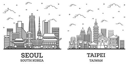 Outline Taipei Taiwan and Seoul South Korea City Skyline Set with Modern Buildings Isolated on White. Cityscape with Landmarks.の写真素材