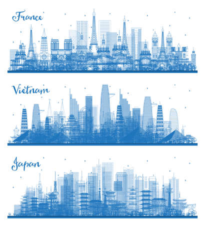 Outline Vietnam, Japan and France City Skyline Set with Blue Buildings. Tourism Concept with Historic Architecture. Cityscape with Landmarks.の写真素材