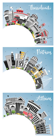 Athens, Patras and Thessaloniki Greece City Skyline Set with Color Buildings, Blue Sky and Copy Space. Travel and Tourism Concept with Historic and Modern Architecture.の写真素材