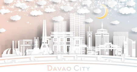 Davao City Philippines Skyline in Paper Cut Style with White Buildings, Moon and Neon Garland. Vector Illustration. Travel and Tourism Concept. Davao City Cityscape with Landmarks.のイラスト素材