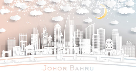 Johor Bahru Malaysia City Skyline in Paper Cut Style with White Buildings, Moon and Neon Garland. Vector Illustration. Travel and Tourism Concept. Johor Bahru Cityscape with Landmarks.のイラスト素材