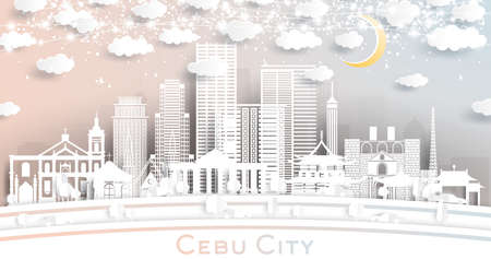 Cebu City Philippines Skyline in Paper Cut Style with White Buildings, Moon and Neon Garland. Vector Illustration. Travel and Tourism Concept. Cebu City Cityscape with Landmarks.のイラスト素材