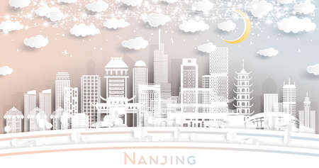 Nanjing China City Skyline in Paper Cut Style with White Buildings, Moon and Neon Garland. Vector Illustration. Travel and Tourism Concept. Nanjing Cityscape with Landmarks.のイラスト素材