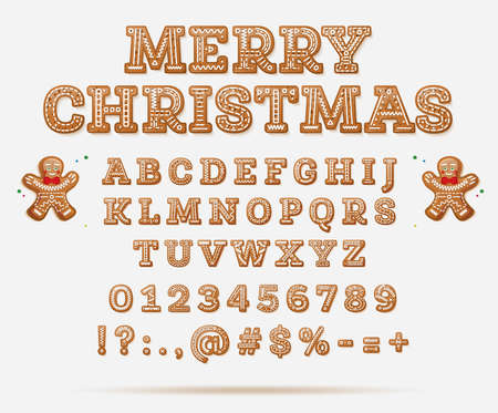 English Alphabet with Capital Letters and Numbers. Set of Gingerbread Cookies. Christmas Font. Vector Illustration. Christmas Cookies. Holidays Pastry. Gingerbread Man.のイラスト素材