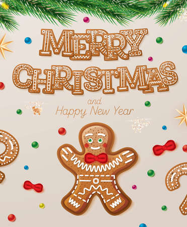 Christmas Greeting Card with Gingerbread Man and Fir Branches. Vector Illustration. Happy New Year 2022. Festive Elements and Decorations.のイラスト素材