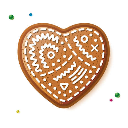 Gingerbread Heart Isolated on White. Christmas Cookie. Vector Illustration.のイラスト素材