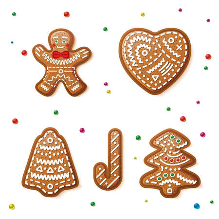 Set of Gingerbread Christmas Cookies Isolated on White Background. Vector Illustration. Christmas Tree, Bell, Gingerbread Man, Heart and Candy.のイラスト素材