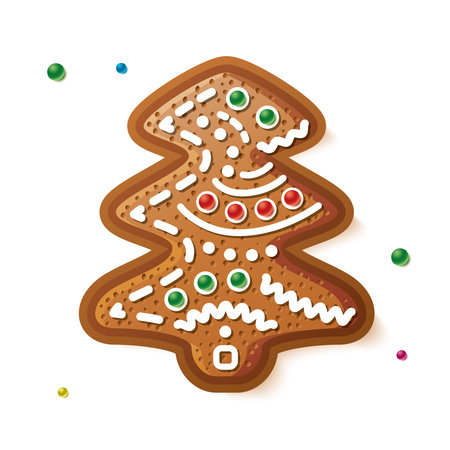 Gingerbread Tree Isolated on White. Christmas Cookie. Vector Illustration.のイラスト素材