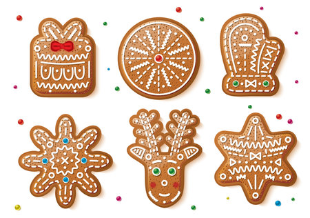 Set of Gingerbread Christmas Cookies Isolated on White Background. Vector Illustration. Christmas Gift Box, Circle Cookie, Snowflake, Deer, Mitten and Star.のイラスト素材