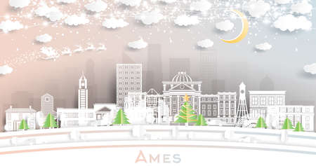 Ames Iowa City Skyline in Paper Cut Style with Snowflakes, Moon and Neon Garland. Vector Illustration. Christmas and New Year Concept. Santa Claus on Sleigh. Ames USA Cityscape and Landmarks.のイラスト素材