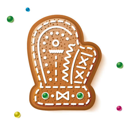 Gingerbread Mitten Isolated on White. Christmas Cookie. Vector Illustration.のイラスト素材