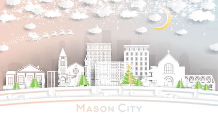 Mason City Iowa City Skyline in Paper Cut Style with Snowflakes, Moon and Neon Garland. Vector Illustration. Christmas and New Year Concept. Santa Claus on Sleigh. Mason City Cityscape and Landmarks.のイラスト素材