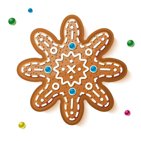 Gingerbread Snowflake Isolated on White. Christmas Cookie. Vector Illustration.のイラスト素材