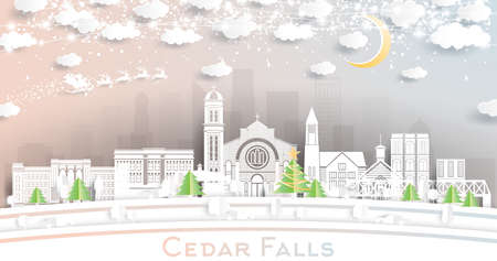 Cedar Falls Iowa City Skyline in Paper Cut Style with Snowflakes, Moon and Neon Garland. Vector Illustration. Christmas and New Year Concept. Santa Claus on Sleigh. Cedar Falls Cityscape Landmarks.のイラスト素材