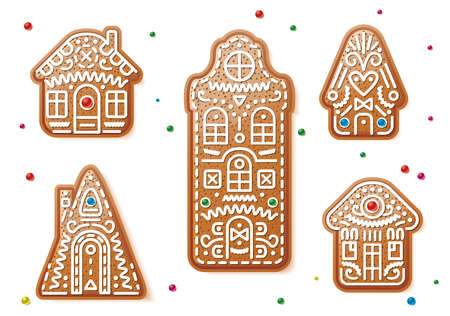 Set of Christmas Gingerbread Houses and Sweets. Vector Illustration. Traditional Christmas Cookies Isolated on White Background.のイラスト素材