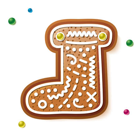 Gingerbread Boot Isolated on White. Christmas Cookie. Vector Illustration.のイラスト素材
