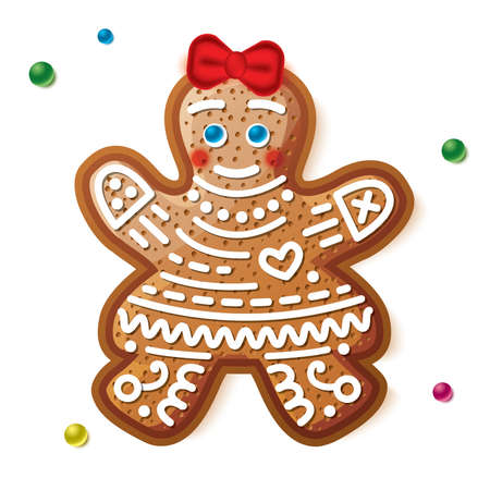 Gingerbread Woman Isolated on White. Christmas Cookie. Vector Illustration.のイラスト素材