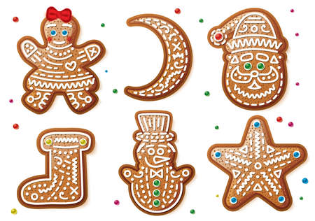 Set of Gingerbread Christmas Cookies Isolated on White Background. Vector Illustration. Christmas Gingerbread Woman, Moon, Snowman, Santa Claus, Boot and Star.のイラスト素材