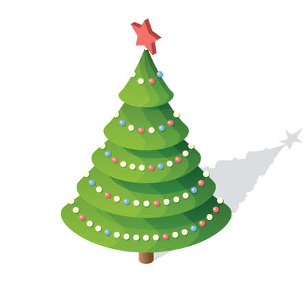 Isometric Christmas Tree with Red Star. Vector Illustration. 3d Icon Isolated on White. Happy New Year.のイラスト素材