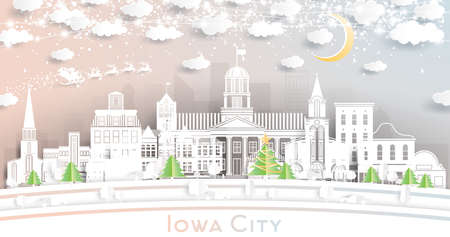 Iowa City Skyline in Paper Cut Style with Snowflakes, Moon and Neon Garland. Vector Illustration. Christmas and New Year Concept. Santa Claus on Sleigh. Iowa City Cityscape Landmarks.のイラスト素材