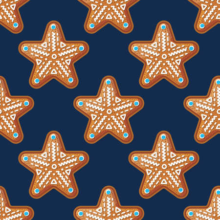 Seamless Pattern with Gingerbread Star on Blue. Christmas Cookie. Vector Illustration.のイラスト素材