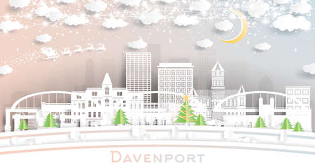 Davenport Iowa City Skyline in Paper Cut Style with Snowflakes, Moon and Neon Garland. Vector Illustration. Christmas and New Year Concept. Santa Claus on Sleigh. Davenport Cityscape Landmarks.のイラスト素材
