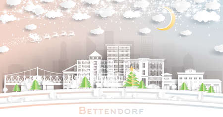 Bettendorf Iowa City Skyline in Paper Cut Style with Snowflakes, Moon and Neon Garland. Vector Illustration. Christmas and New Year Concept. Santa Claus on Sleigh. Bettendorf Cityscape Landmarks.のイラスト素材