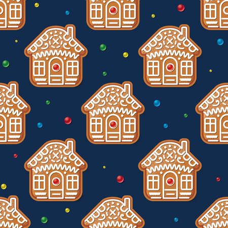 Seamless Pattern with Christmas Gingerbread House on Blue. Vector Illustration. Traditional Christmas Cookie.のイラスト素材