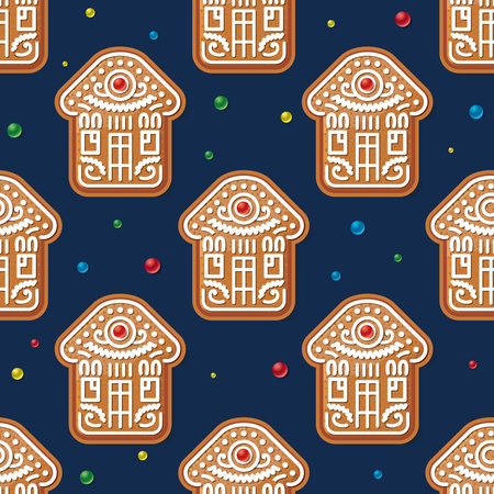 Seamless Pattern with Christmas Gingerbread House on Blue. Vector Illustration. Traditional Christmas Cookie.のイラスト素材