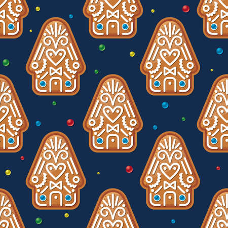 Seamless Pattern with Christmas Gingerbread House on Blue. Vector Illustration. Traditional Christmas Cookie.のイラスト素材