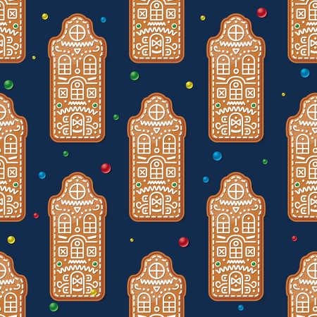 Seamless Pattern with Christmas Gingerbread House on Blue. Vector Illustration. Traditional Christmas Cookie.のイラスト素材