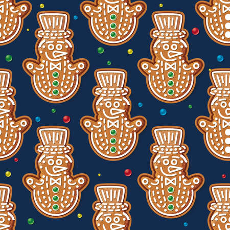 Seamless Pattern with Gingerbread Snowman on Blue. Christmas Cookie. Vector Illustration.のイラスト素材