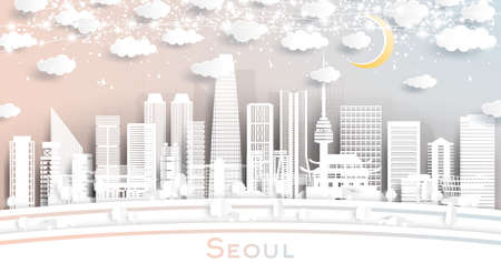 Seoul South Korea City Skyline in Paper Cut Style with White Buildings, Moon and Neon Garland. Vector Illustration. Travel and Tourism Concept. Seoul Cityscape with Landmarks.のイラスト素材