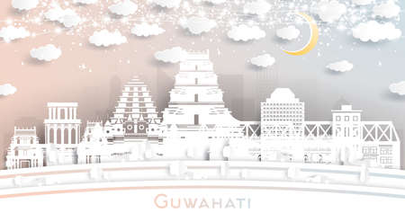 Guwahati India City Skyline in Paper Cut Style with White Buildings, Moon and Neon Garland. Vector Illustration. Travel and Tourism Concept. Guwahati Cityscape with Landmarks.のイラスト素材