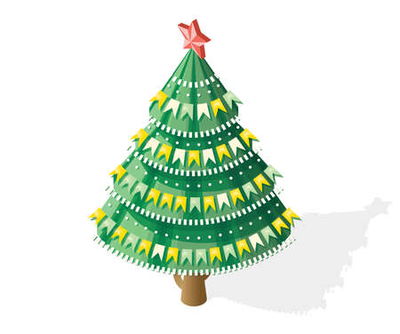 Isometric Christmas Tree with Garland, Flags and Red Star. Vector Illustration. 3d Icon Isolated on White. Happy New Year.のイラスト素材