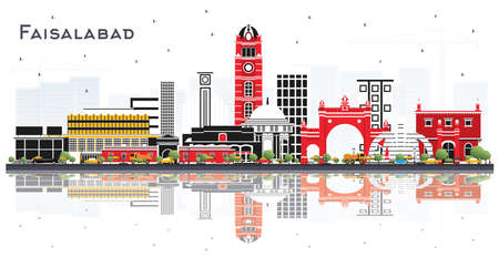 Faisalabad Pakistan City Skyline with Gray Buildings and Reflections Isolated on White. Vector Illustration. Travel and Tourism Concept with Modern Architecture. Faisalabad Cityscape with Landmarks.のイラスト素材