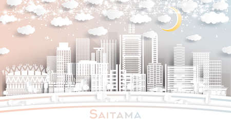 Saitama Japan City Skyline in Paper Cut Style with White Buildings, Moon and Neon Garland. Vector Illustration. Travel and Tourism Concept. Saitama Cityscape with Landmarks.のイラスト素材