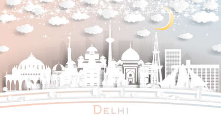 Delhi India City Skyline in Paper Cut Style with White Buildings, Moon and Neon Garland. Vector Illustration. Travel and Tourism Concept. Delhi Cityscape with Landmarks.のイラスト素材