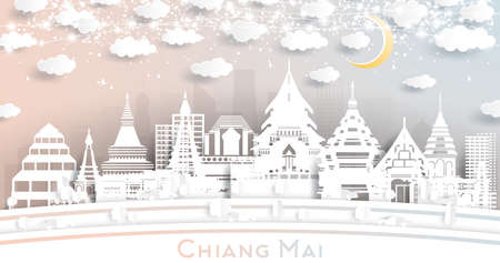 Chiang Mai Thailand City Skyline in Paper Cut Style with White Buildings, Moon and Neon Garland. Vector Illustration. Travel and Tourism Concept. Chiang Mai Cityscape with Landmarks.のイラスト素材