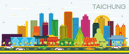 Taichung Taiwan City Skyline with Color Buildings and Blue Sky. Vector Illustration. Business Travel and Tourism Concept with Historic Architecture. Taichung China Cityscape with Landmarks.のイラスト素材